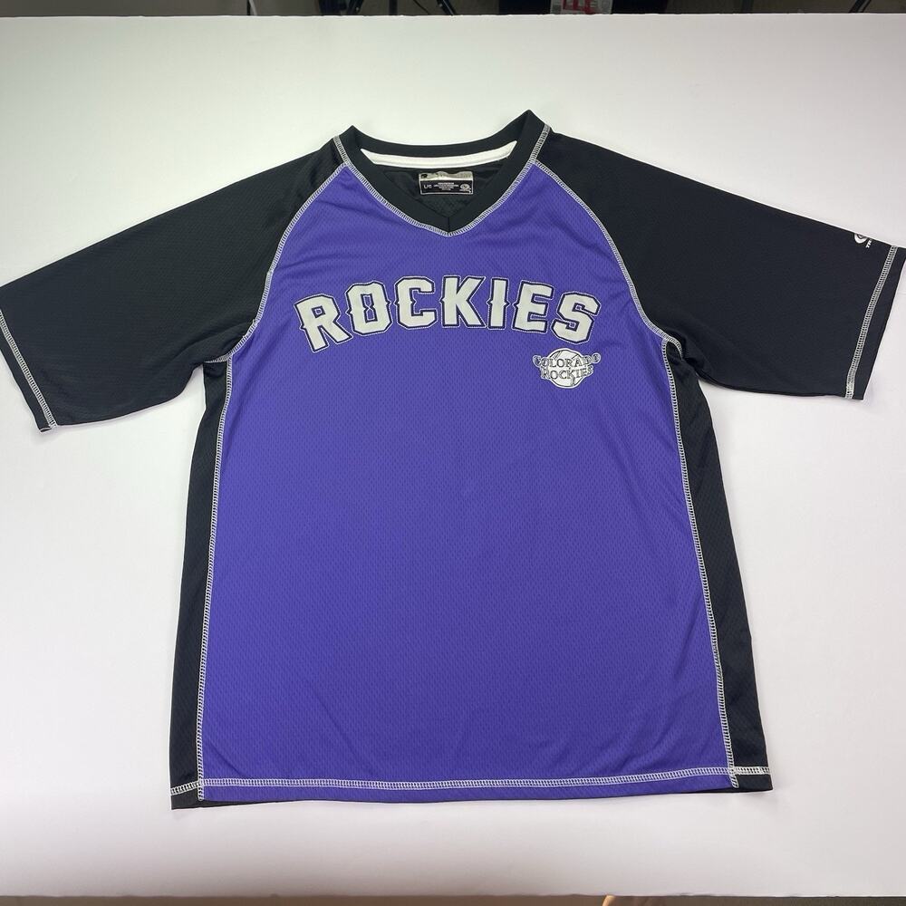 Colorado Rockies MLB Jersey Shirt Mens L Waffle Mesh Baseball Tee Black Purple